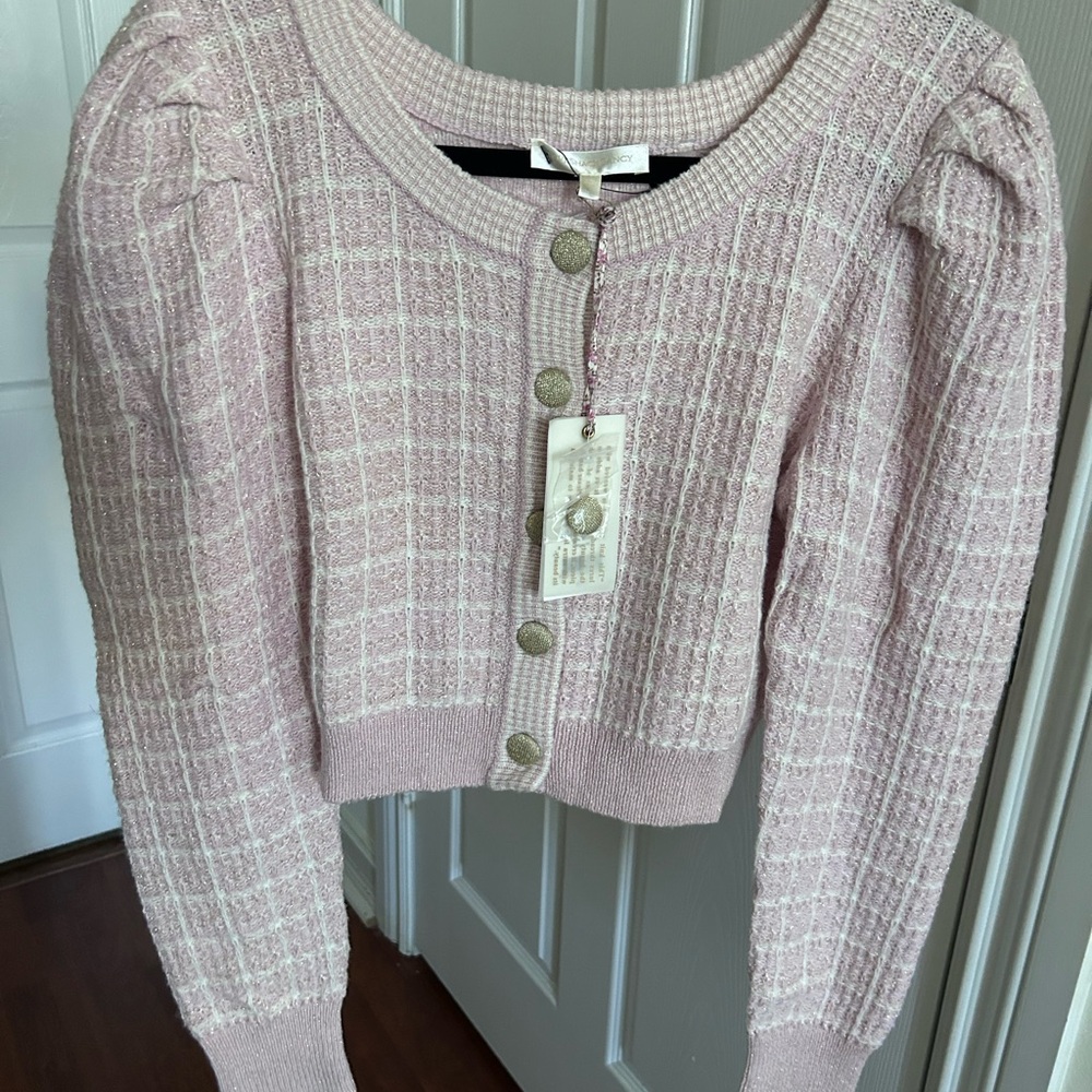 W/ Tags LoveShackFancy Daughter Checked Cropped Cardigan Sweater in Pink Winds M - Picture 8 of 17